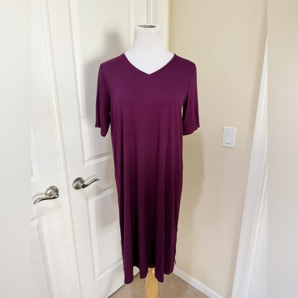 Eileen Fisher V-Neck Short Sleeve Midi Plum Purple Lightweight Dress Size Small